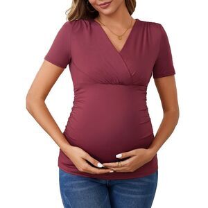 Maternity Nursing Tops Ruched Wrap V Neck Breastfeeding Blouse Red
